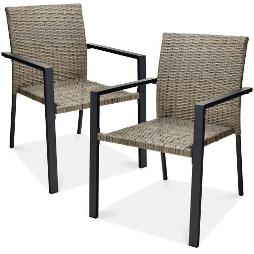 Set of 2 Stackable Wicker Chairs w/ Armrests, Steel Accent Furniture - Lot 6915