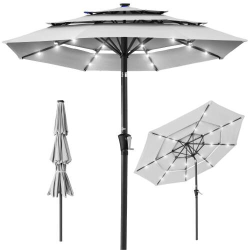 3-Tier Solar Patio Umbrella w/ LED Lights, Tilt Adjustment, Crank - 10ft - Lot 6933