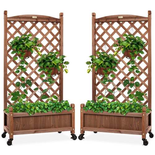 Set of 2 Wood Planter Box & Lattice Trellis w/ Optional Wheels - 48in - Lot 6938