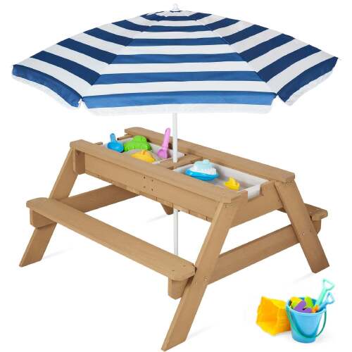 3-in-1 Kids Sand & Water Table Outdoor Wood Picnic Table w/ Umbrella - Lot 6948