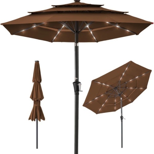 3-Tier Solar Patio Umbrella w/ LED Lights, Tilt Adjustment, Crank - 10ft - Lot 7166