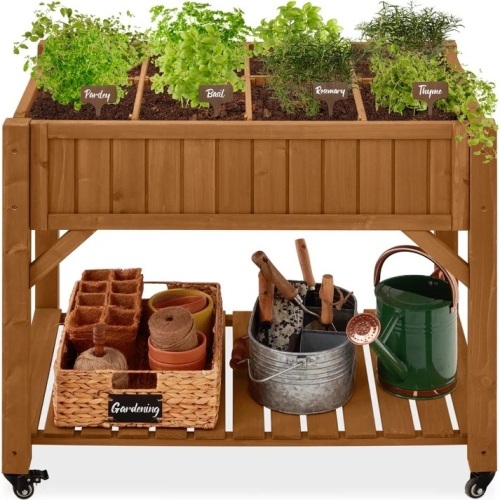 Elevated Mobile Pocket Herb Garden Bed w/ Lockable Wheels, Storage Shelf - Lot 7129