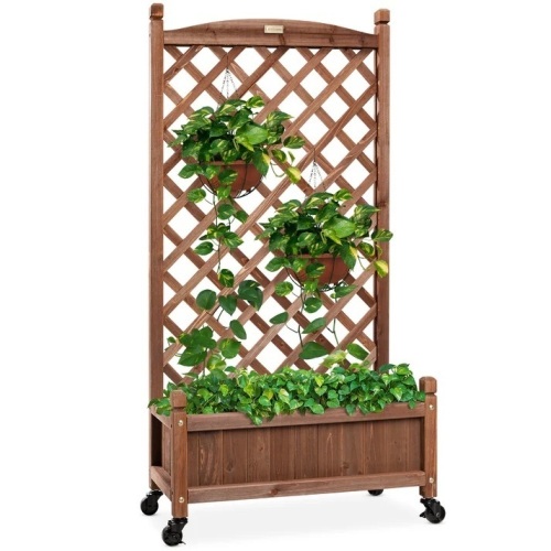 Wood Planter Box & Lattice Trellis w/ Drainage, Optional Wheels - 60in - Lot 7196anm