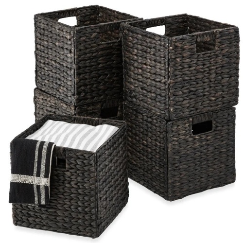 Set of 5 Collapsible Hyacinth Storage Baskets w/ Inserts - 13x13in - Lot 6459