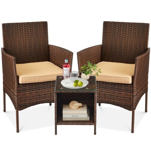 3-Piece Outdoor Patio Wicker Bistro Set w/ Side Storage Table - Lot 7252