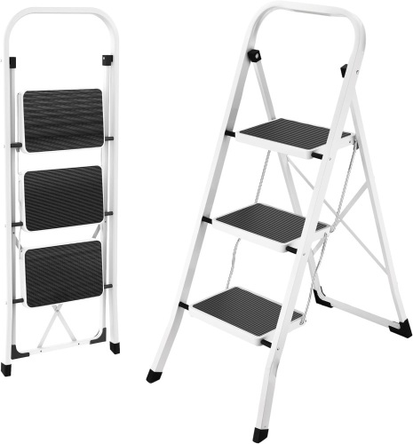 HBTower 3 Step Ladder Step Ladder Folding Step Stool, 3 Step Stool for Adults with Anti-Slip Pedal,330 lbs Capacity Step Stool White - Lot 7334