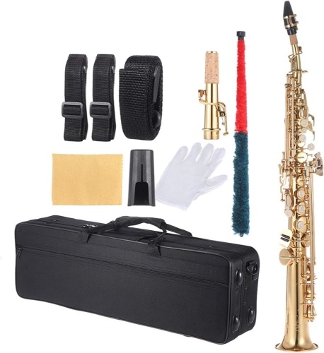 Brass Straight Soprano Sax Saxophone, Bb B Flat Woodwind Instrument Natural Shell Key Carve Pattern with Carrying Case Gloves Cleaning Cloth Straps Cleaning Rod - Lot 7336