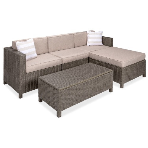 5-Piece Outdoor Wicker Patio Sectional Conversation Set w/Storage Table, 2 Pillows. Appears New - Lot 37