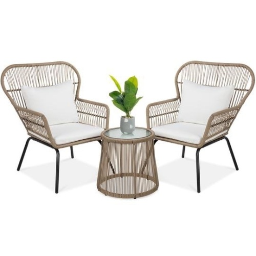 3-Piece Patio Wicker Conversation Bistro Set w/ 2 Chairs, Table, Cushions. Appears New with Open Box and Hardware. - Lot 83