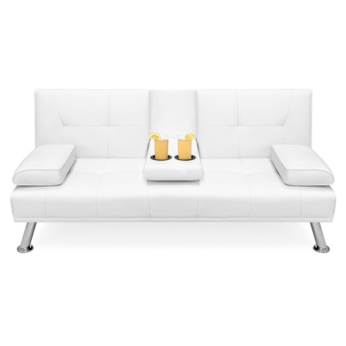 Best Choice Products Modern Faux Leather Convertible Futon Sofa w/ Removable Armrests, Metal Legs, 2 Cupholders - White. Appears New - Lot 216