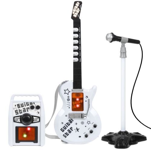 Kids Electric Musical Guitar Toy Play Set w/ 6 Demo Songs, Whammy Bar, Microphone, Amp, AUX - White. Appears New - Lot 234