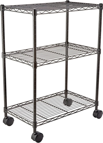 Amazon Basics 3-Shelf Heavy Duty Shelving Storage Unit on 2" Wheel Casters, Metal Organizer Wire Rack, Black (23.2L x 13.4W x 32.75H). Appears New. E-Commerce Return. - Lot 349