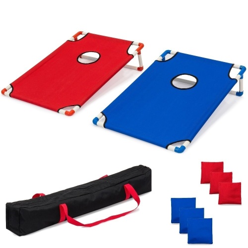 Portable PVC Framed Foldable Cornhole Set w/ Carrying Case and 6 Bean Bags - Red/Blue. Appears New - Lot 620