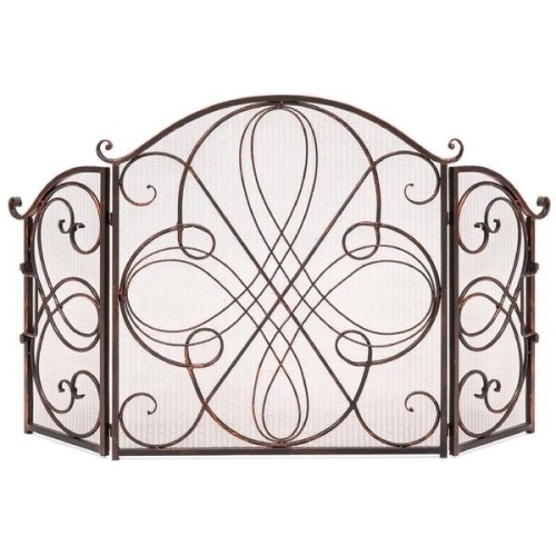 3-Panel Wrought Iron Metal Fireplace Screen Cover w/ Scroll Design - 55x33in. Appears New - Lot 658