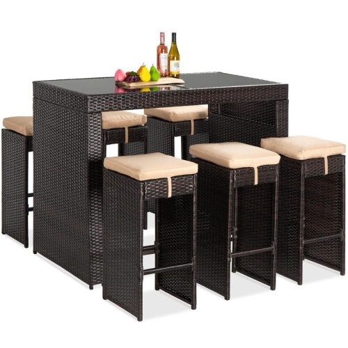 7-Piece Wicker Bar Patio Dining Set with BROKEN GLASS TOP. New with Broken Glass Top - Lot 739