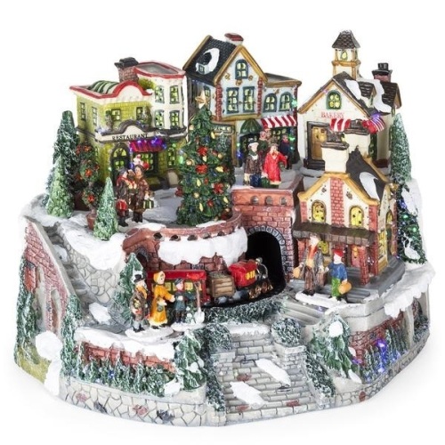 12in Pre-Lit Hand-Painted Tabletop Christmas Village Set w/ Rotating Train. Appears New - Lot 823