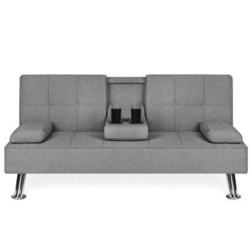 Linen Upholstered Convertible Sofa Bed Futon w/ 2 Cupholders - Lot 811