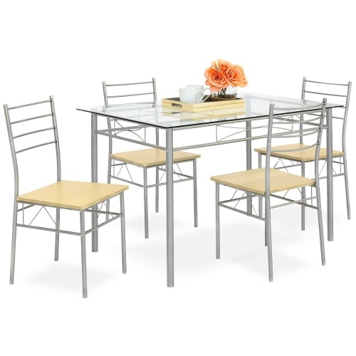 5-Piece Glass Top Dining Table Breakfast Set w/ 4 Chairs, Steel Frame  - Lot 56