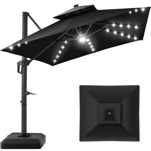 2-Tier Square LED Cantilever Offset Umbrella w/ 360 Rotation, Base - 10x10ft - Lot 58