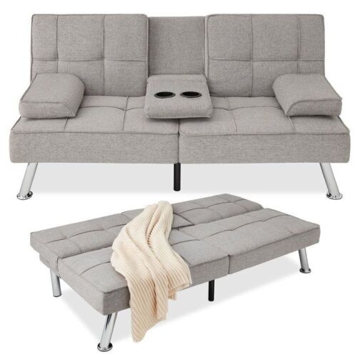 Linen Upholstered Convertible Sofa Bed Futon w/ 2 Cupholders - Lot 139