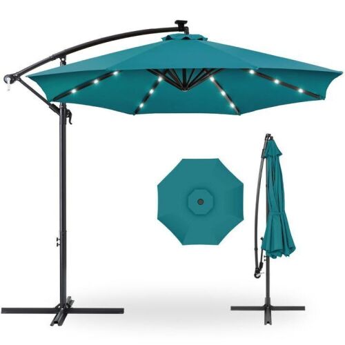 Solar LED Offset Hanging Patio Umbrella w/ Crank Tilt Adjustment - 10ft - Lot 167