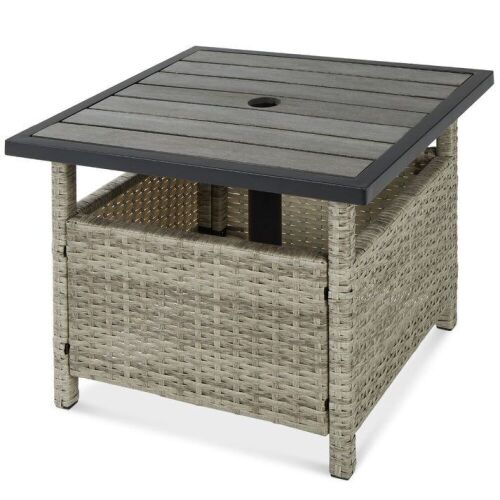 Outdoor Wicker Patio Side Table Accent Furniture w/ Umbrella Hole - Lot 263