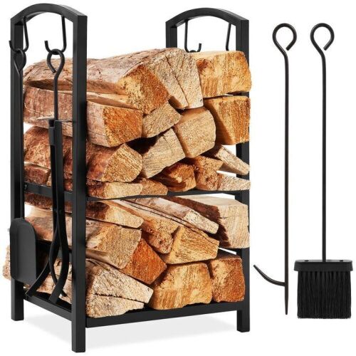 5-Piece Firewood Log Rack Holder Tools Set w/ Hook, Broom, Shovel, Tongs - Lot 267