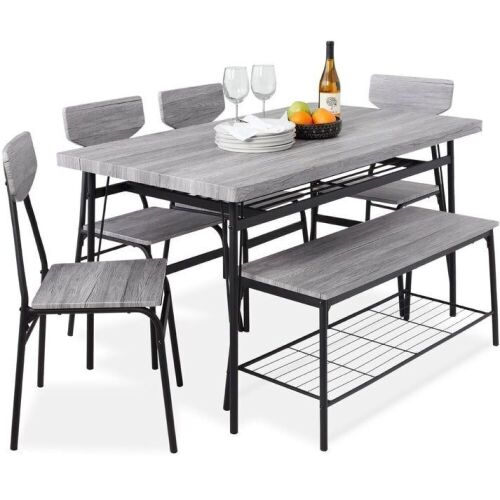 6-Piece Modern Dining Set w/ Storage Racks, Table, Bench, 4 Chairs - 55in - Lot 307