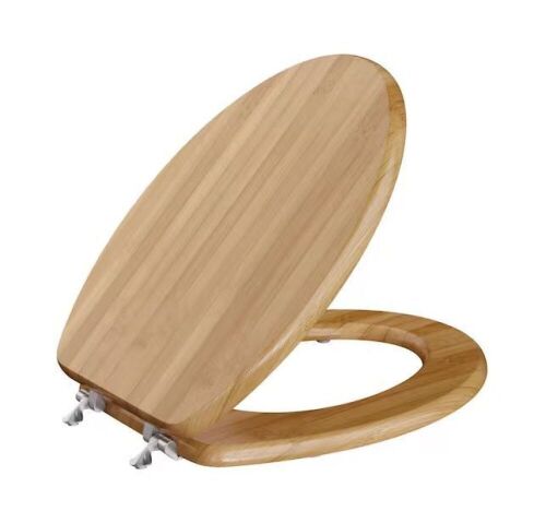 Premium Wood Elongated Closed Front Toilet Seat with Cover and Brushed Nickel Hinge in Piano Bamboo  - Lot 324