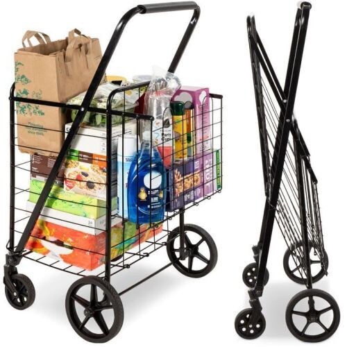 Folding Steel Grocery Cart w/ Double Basket, Swivel Wheels, 220lb Cap - Lot 356