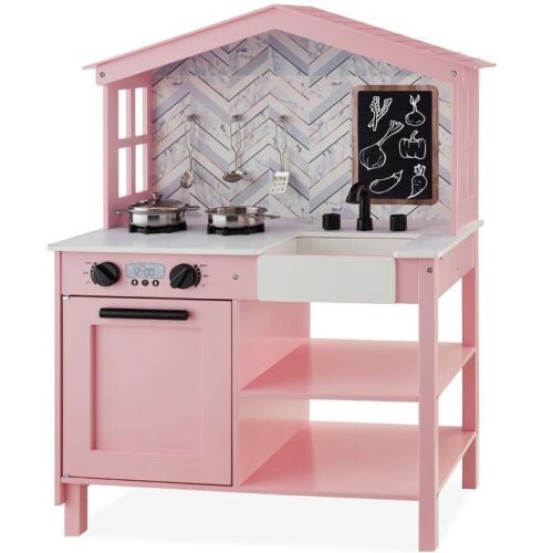 Kids Farmhouse Play Kitchen w/ Chalkboard, Storage Shelves, 5 Accessories - Lot 370