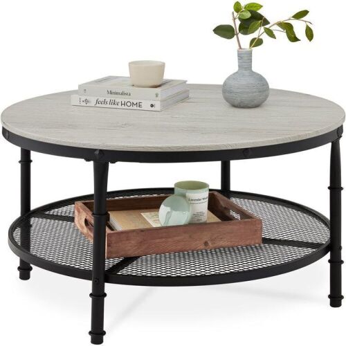 2-Tier Round Industrial Wood & Steel Coffee Table, Storage Shelves - 35.5in - Lot 566