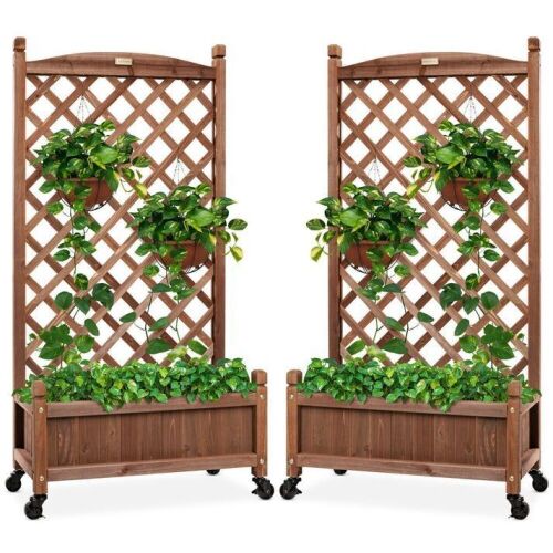 Set of 2 Wood Planter Box & Lattice Trellis w/ Optional Wheels - 48in - Lot 571