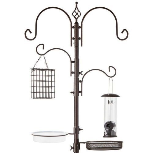 4-Hook Bird Feeding Station, Steel Feeder Stand w/ 2 Bird Feeders - 91in - Lot 528