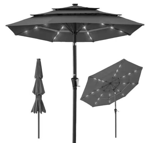 3-Tier Solar Patio Umbrella w/ LED Lights, Tilt Adjustment, Crank - 10ft - Lot 137