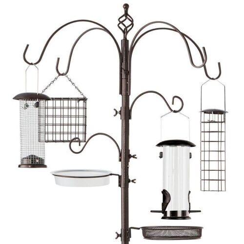 Bird Feeding Station, 6-Hook Steel Multi-Feeder Stand w/ 4 Feeders - 89in - Lot 717