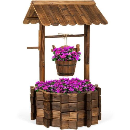 Rustic Wooden Wishing Well Planter Yard Decoration w/ Hanging Bucket - Lot 487