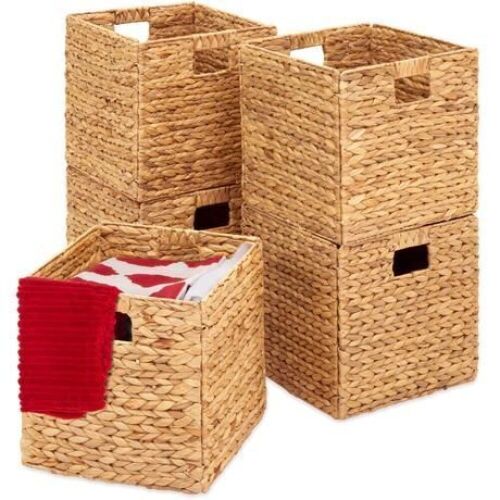 Set of 5 Collapsible Hyacinth Storage Baskets w/ Inserts, 12x12in - Missing One  - Lot 527