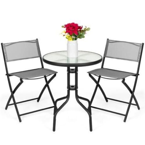 3-Piece Bistro Set w/ Glass Table, 2 Foldable Chairs - Lot 495