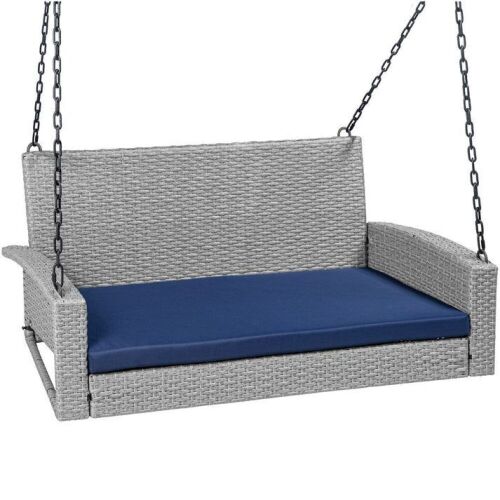 Woven Wicker Hanging Porch Swing Bench w/ Mounting Chains, Seat Cushion - Lot 184
