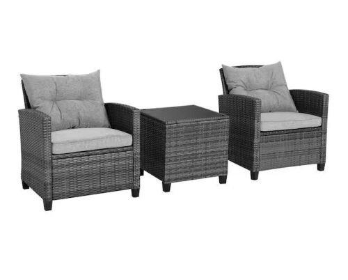 3-Piece Outdoor Wicker Patio Conversation Set with Gray Cushions Tempered Glass Side Table - Missing 3 Cushions  - Lot 204