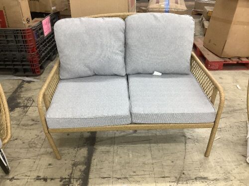 Hampton Bay Sierra Creek Tan 5-Piece Wicker Outdoor Patio Conversation Deep Seating Set with CushionGuard Stone Gray Cushions - Broken Leg on Loveseat, Damage to Wicker - Lot 91