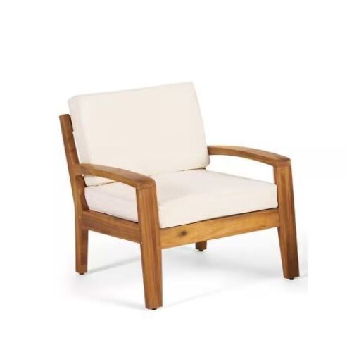 Noble House Teak Finish Wood Outdoor Lounge Chairs with Beige Cushion, Set of 2   - Lot 24