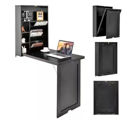 23.5 in. Black Wall Mounted Computer Convertible Floating Desk with Storage Bookcases  - Lot 243