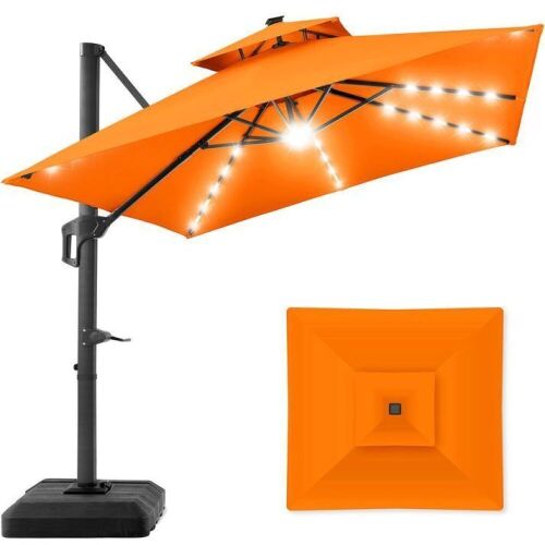 2-Tier Square LED Cantilever Offset Umbrella w/ 360 Rotation, Base - 10x10ft - Lot 22