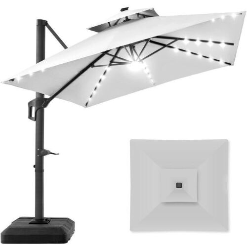 2-Tier Square LED Cantilever Offset Umbrella w/ 360 Rotation, Base - 10x10ft - Lot 37