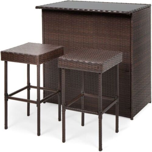 3-Piece Outdoor All-Weather Wicker Bar Table Set w/ 2 Stools - Lot 74