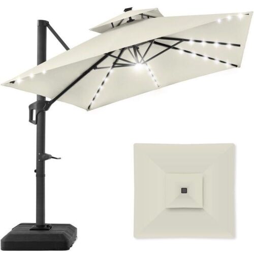 2-Tier Square LED Cantilever Offset Umbrella w/ 360 Rotation, Base - 10x10ft - Lot 75