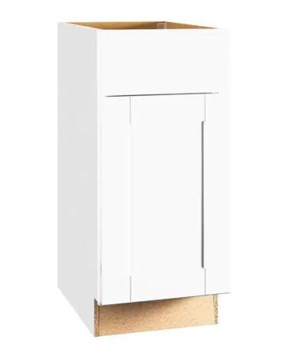 Hampton Bay Shaker 15 in. W x 24 in. D x 34.5 in. H Assembled Base Kitchen Cabinet in Satin White with Ball-Bearing Drawer Glides - Lot 111