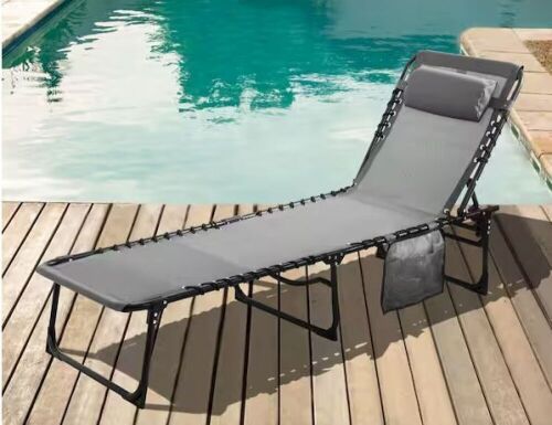 Veikous Outdoor Folding Chaise Lounge Chair Fully Flat for Beach with Pillow and Side Pocket, Dark Grey  - Lot 220